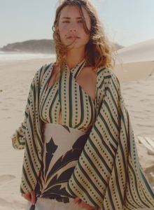 Costa del Sol Linen Midi Dress in Aquamarine Palms & Green Stripes