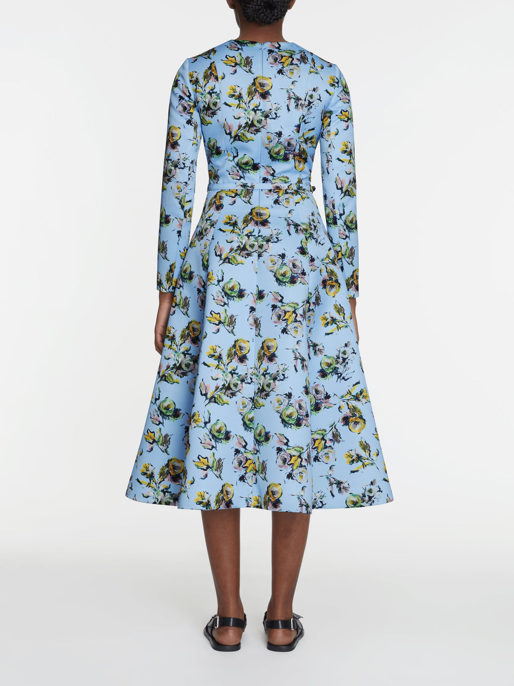 Capucine Dress In Yellow & Green Floral Print Genzianella Model Back Shot | Emilia Wickstead