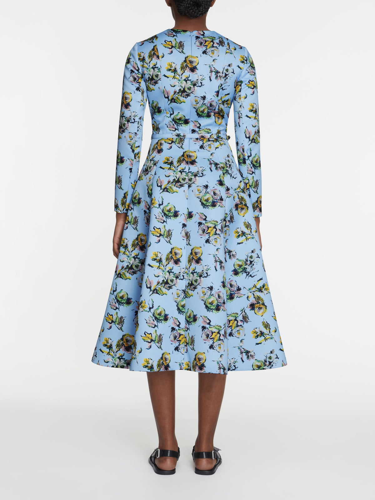 Capucine Dress In Yellow & Green Floral Print Genzianella Model Back Shot | Emilia Wickstead