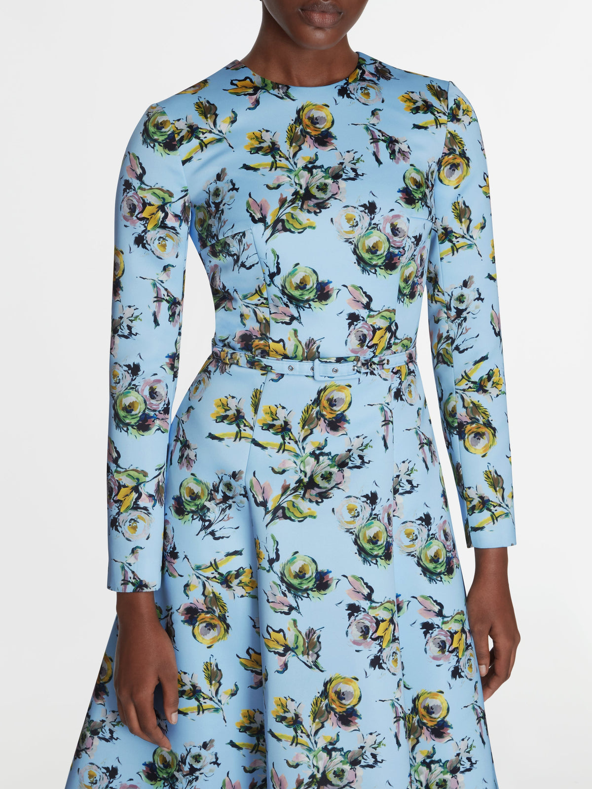 Capucine Dress In Yellow & Green Floral Print Genzianella Model Detail Shot | Emilia Wickstead