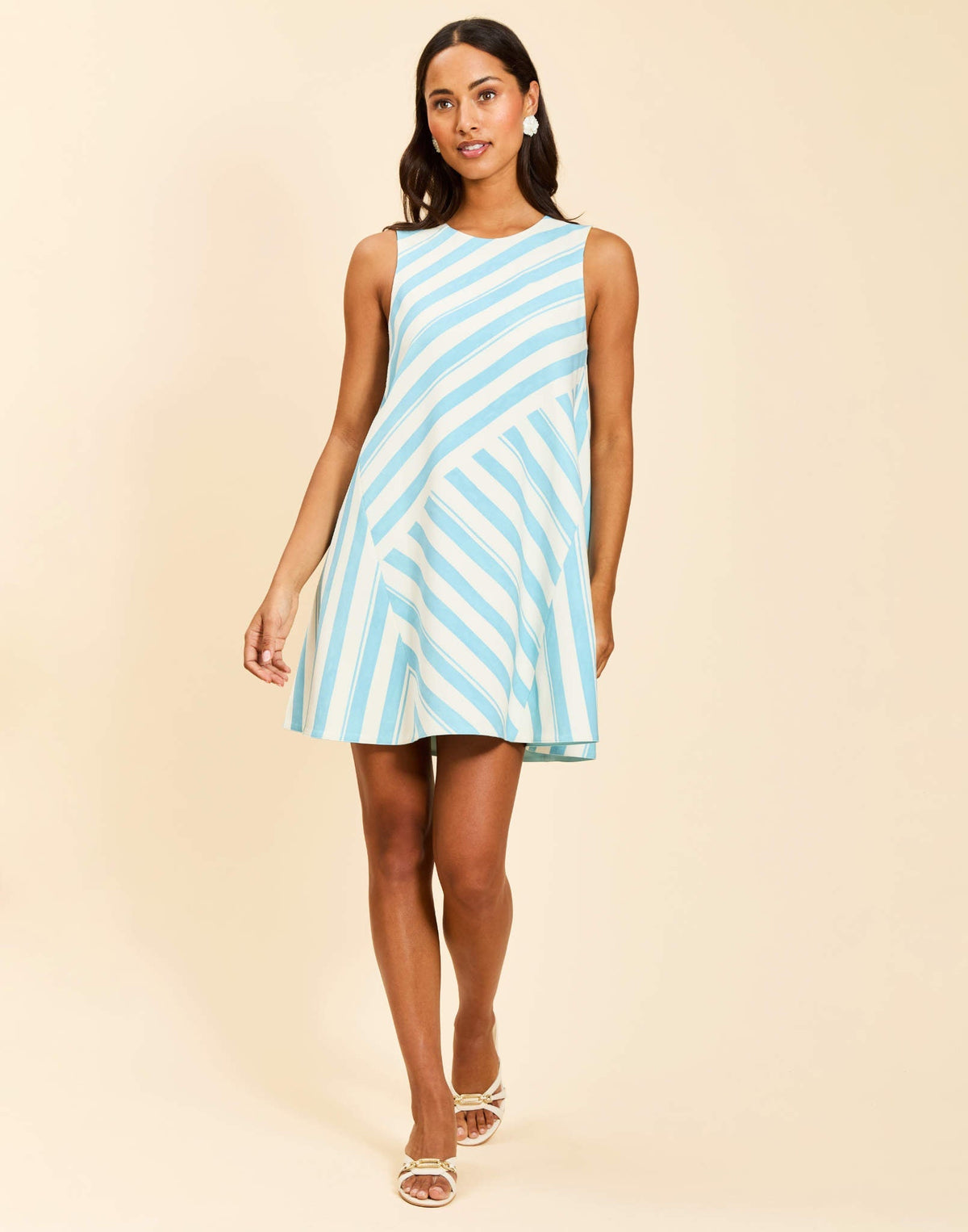 Cecily Sleeveless Convertible Mini Dress in Aegean Citrus with reversible lemon and stripe prints, swing-fit silhouette, and finished hem.