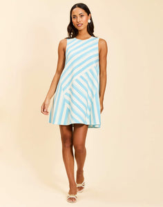 Cecily Sleeveless Convertible Mini Dress in Aegean Citrus with reversible lemon and stripe prints, swing-fit silhouette, and finished hem.