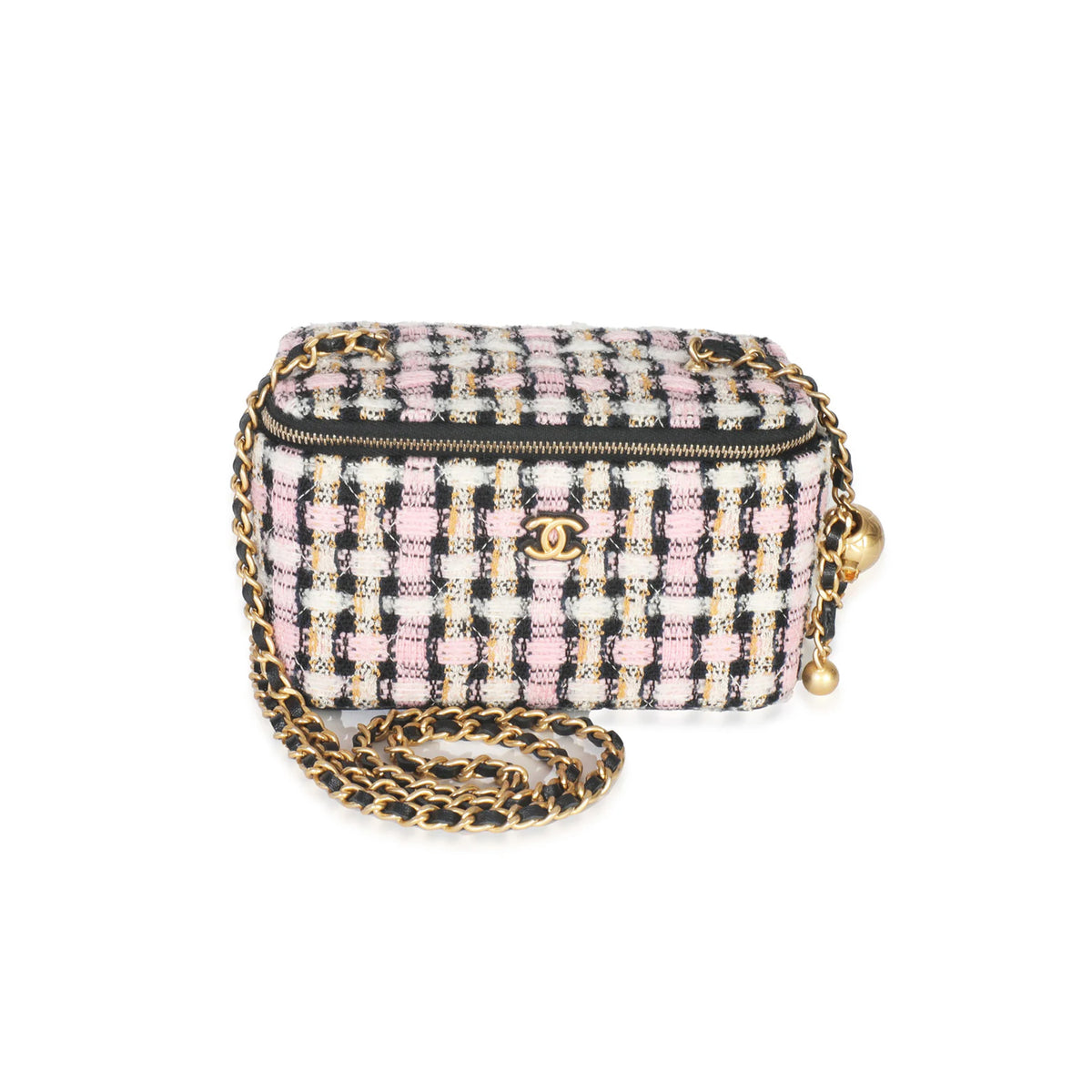 Chanel Pink Multicolor Tweed Pearl Crush Vanity Case With Chain