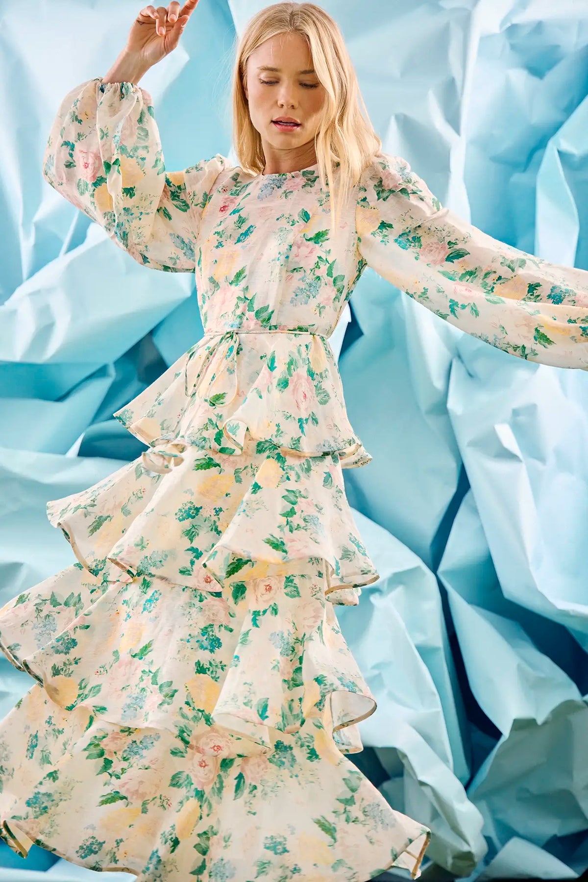 The Chelsea Dress, multi-tiered silk linen dress, in our Garden Rose Peony print.