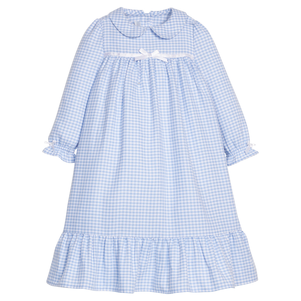 Little English traditional children's clothing, classic long-sleeve light blue gingham flannel nightgown for girls for Fall 