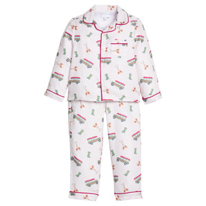 little english classic children's clothes,  boys wagoneer pajama set with a cream background and red piping 
