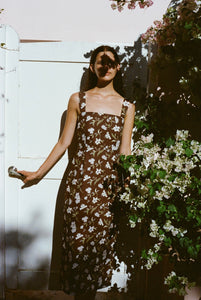 Long Slip Dress in Brown Hibiscus