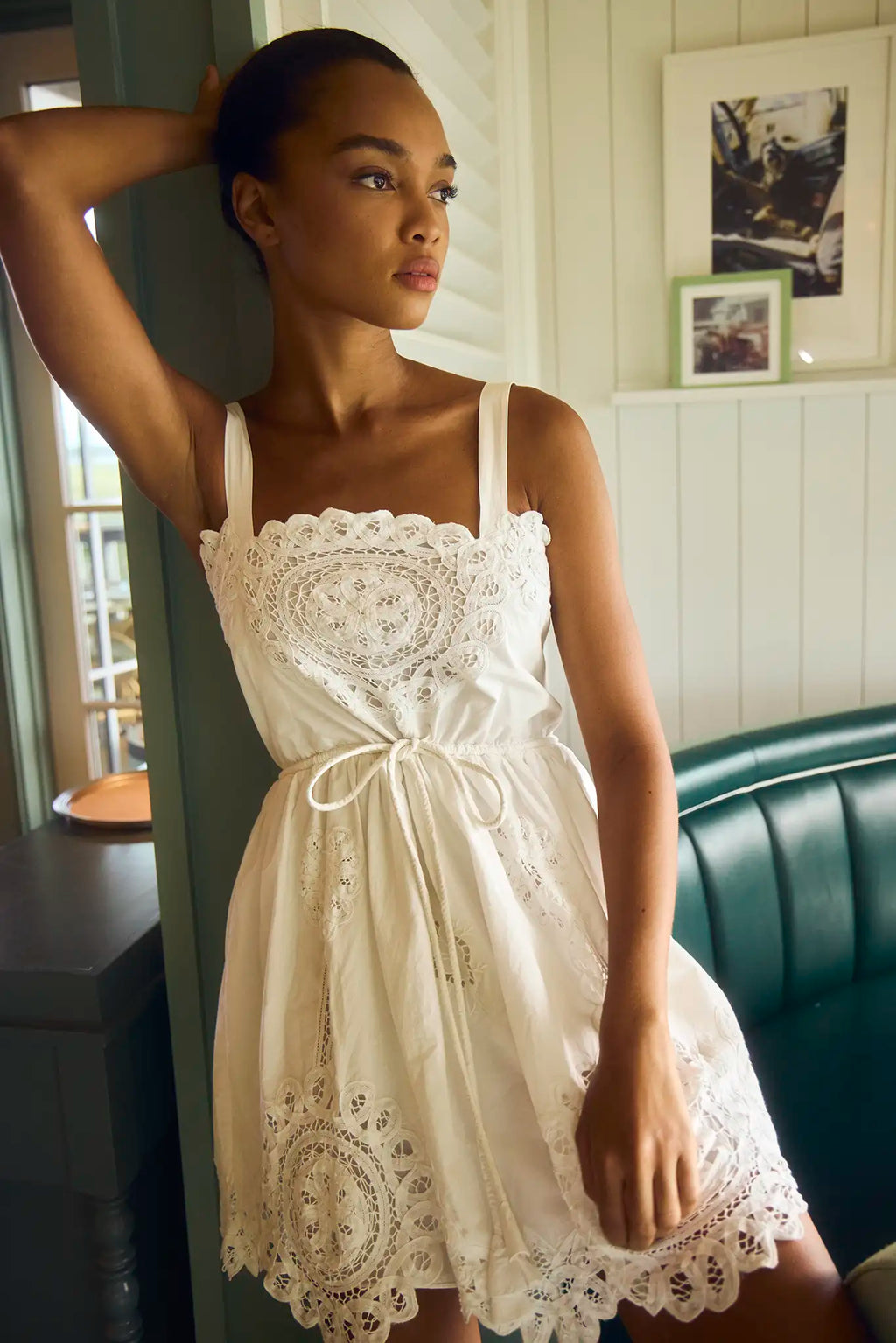 The Cosette Dress in Battenberg Cotton Lace has a relaxed silhouette and drawcord waist