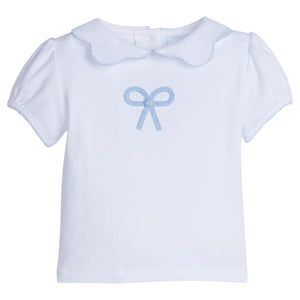 Little English traditional children's clothing.  Toddler girl's white short-sleeve peter pan blouse with crochet blue bow for Spring