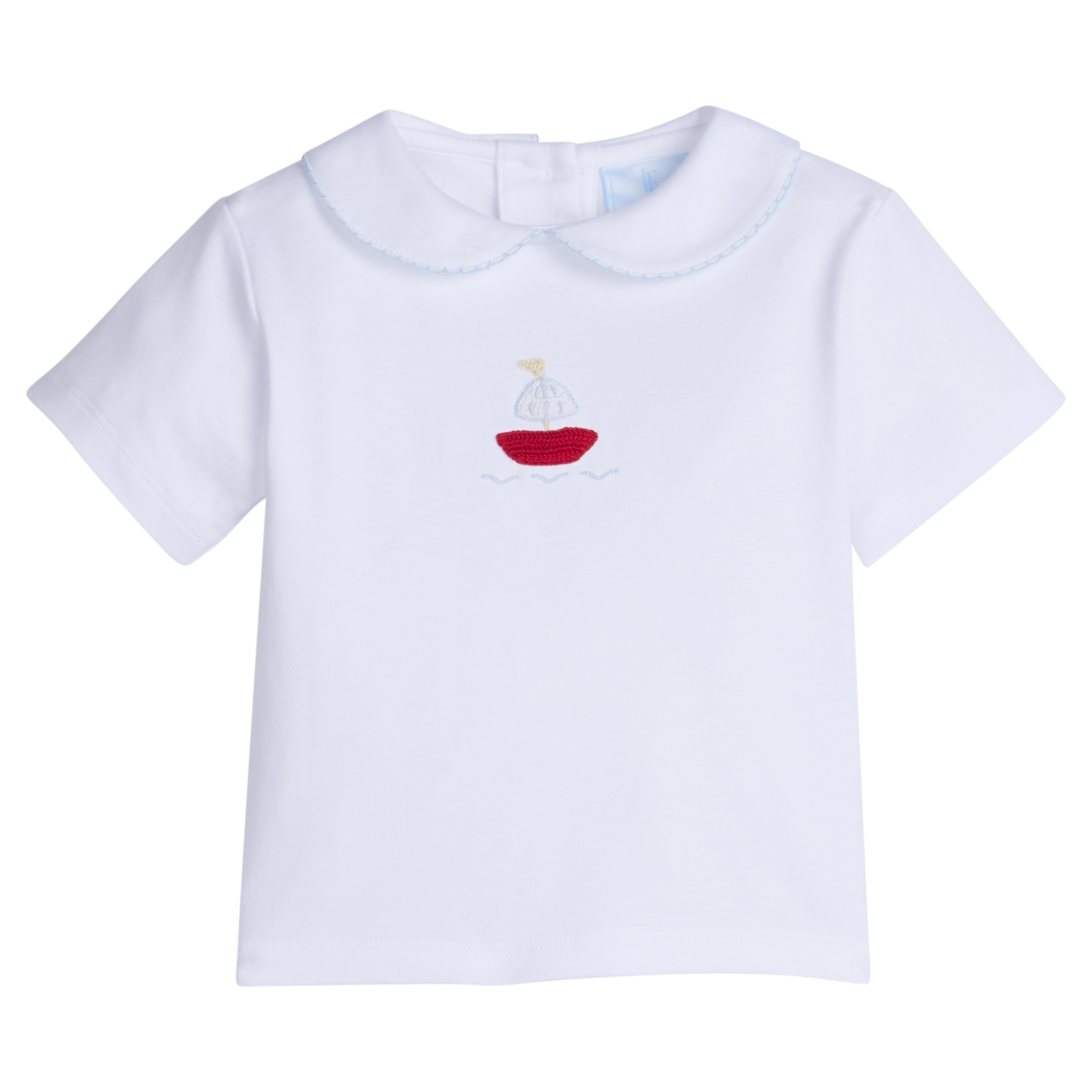 Little English traditional children's clothing.  Toddler boy's white knit peter pan shirt with sailboat crochet for Spring.  Gift clothing for toddler boy