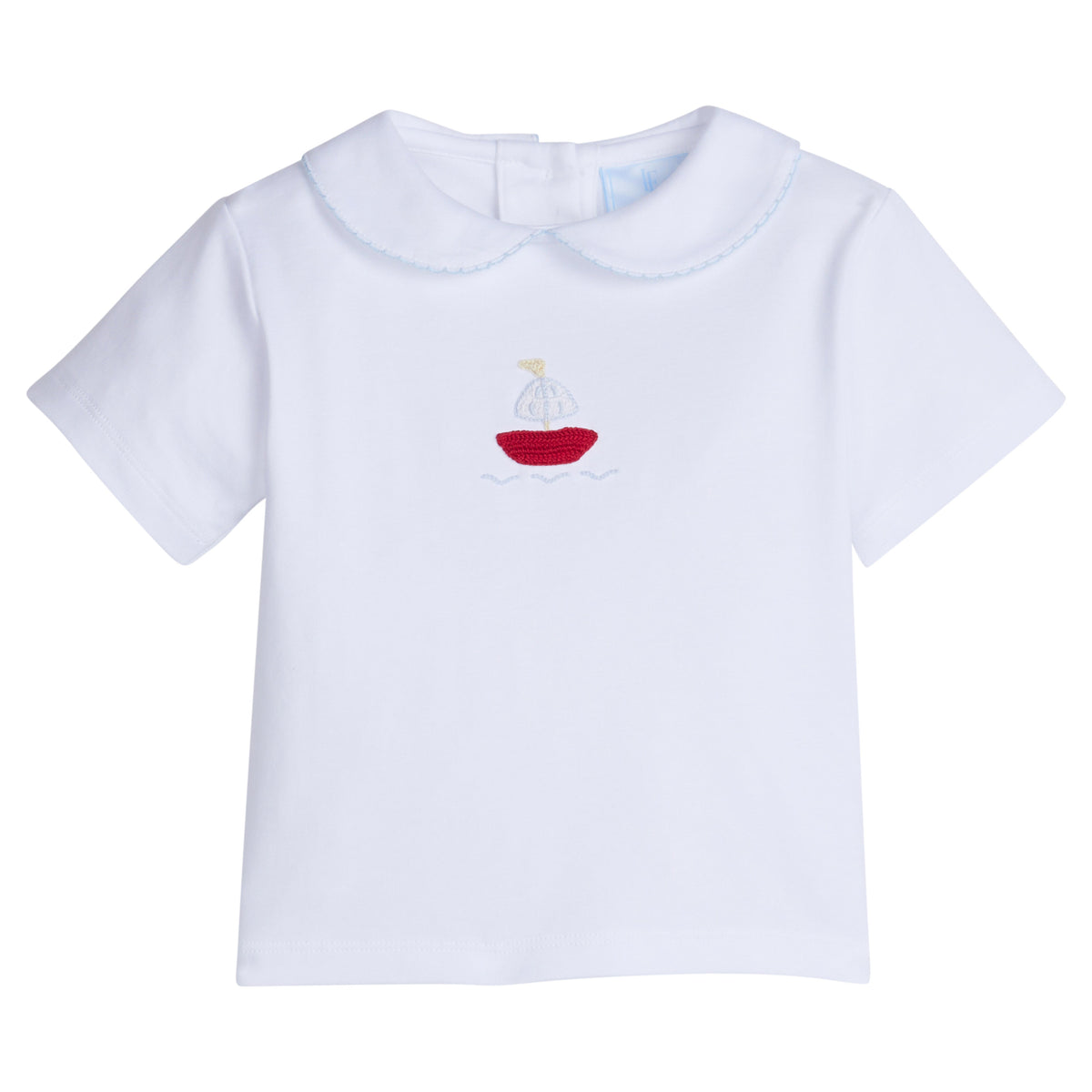 Little English traditional children's clothing.  Toddler boy's white knit peter pan shirt with sailboat crochet for Spring.  Gift clothing for toddler boy
