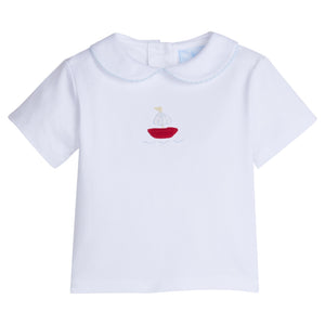 Little English traditional children's clothing.  Toddler boy's white knit peter pan shirt with sailboat crochet for Spring.  Gift clothing for toddler boy