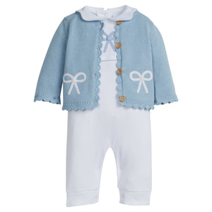 Little English traditional children's clothing.  Baby girl's blue with white bow crochet cardigan sweater for Spring.  Gift clothing for baby girl