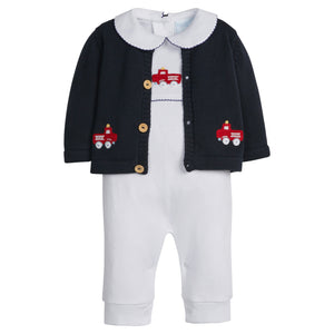little english classic children's clothing boys white playsuit with red crochet firetruck and navy picot trim 