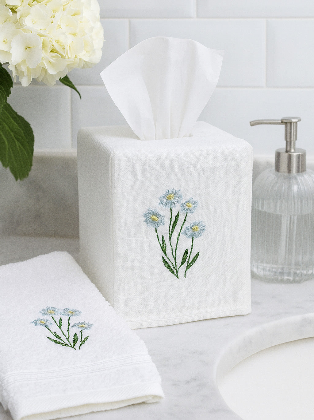 Tissue Box Cover in Daisies Ice Blue