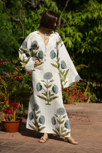Doha Caftan in Blue & Green Flower