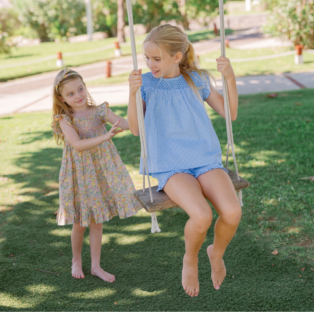 Girls Sky Blue Gingham Smocked Top And Short Set