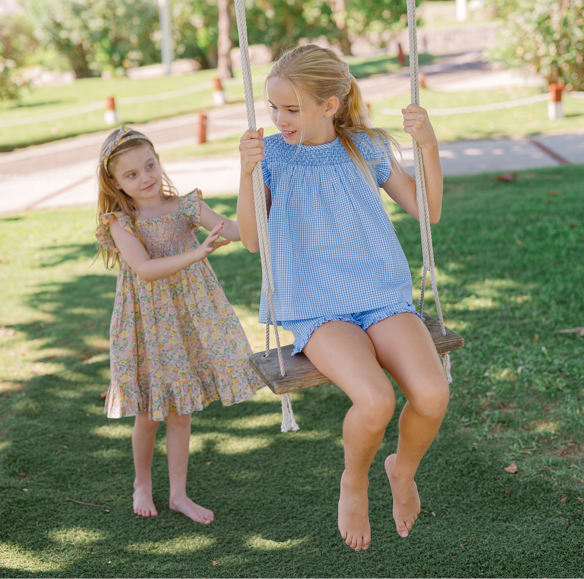 Girls Sky Blue Gingham Smocked Top And Short Set