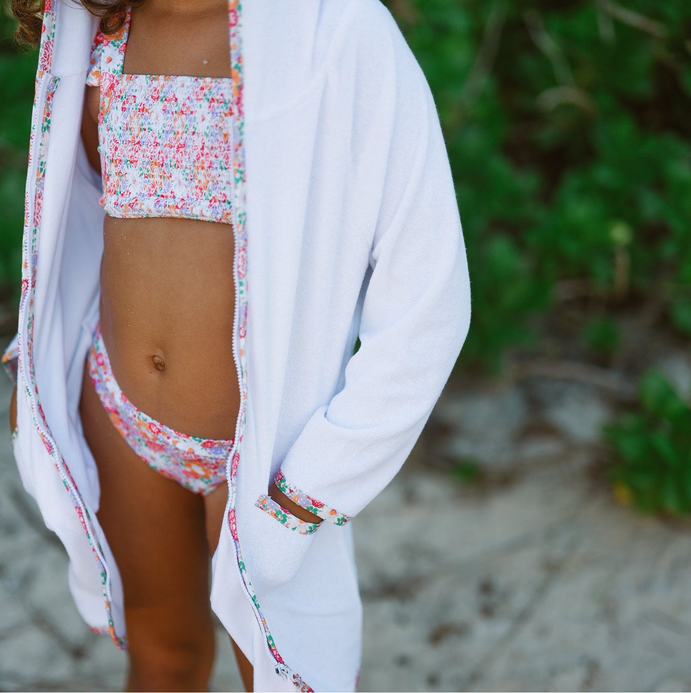 Unisex White French Terry Hooded Zipper Coverup With Island Blossom Trim
