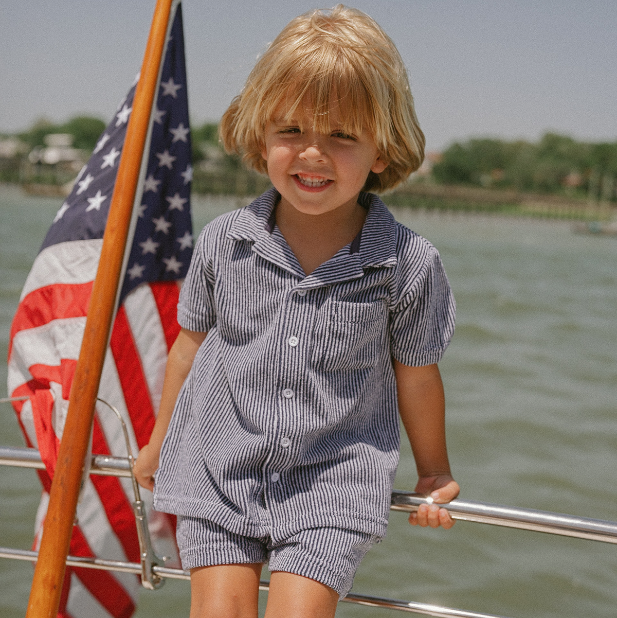 Boy’s Navy Stripe French Terry Button Up