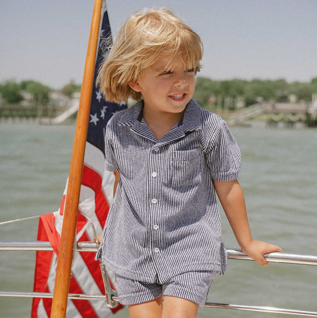 Boy’s Navy Stripe French Terry Button Up
