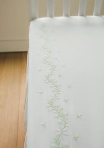 Little English classic nursery goods for baby, white crib sheet with simple light green embroidery along the edges for baby