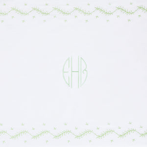 Little English classic nursery goods for baby, white crib sheet with simple light green embroidery along the edges for baby
