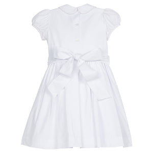 Little English traditional girl's clothing, classic smocked dress for toddler girls with peter pan collar and sash, little girl's flower girl dress with light pink smocking