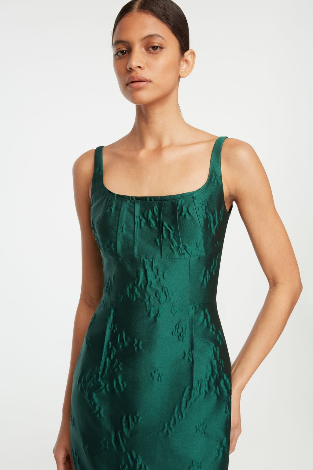 Sharon Dress in Emerald Green Ditsy Floral Jacquard