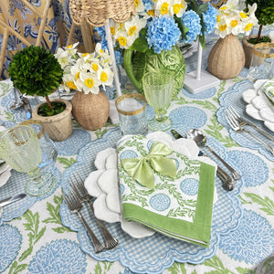 Blue gingham luxury placemat and blue and green block print napkins