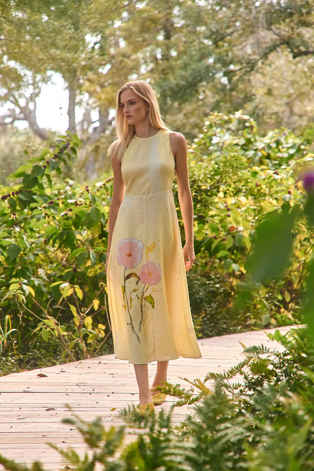 The Faith Dress, sleeveless fit and flare midi dress, in Quiet Bloom.