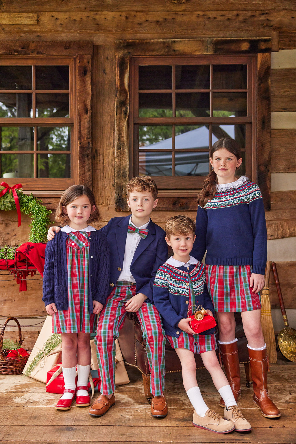 Little English traditional children's clothing, Vintage Button Tab John John Set in red, green, and blue highlands tartan pattern for little boy