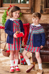 Little English traditional children's clothing, Vintage Button Tab John John Set in red, green, and blue highlands tartan pattern for little boy