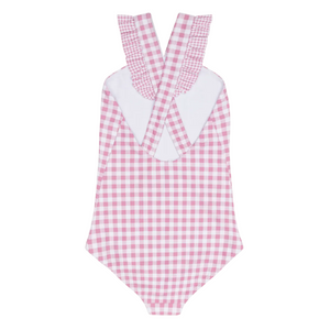 Girl’s Blush Gingham V-Neck Crossover One Piece