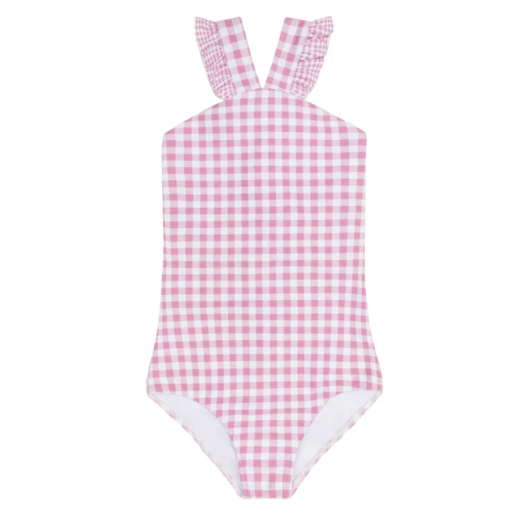 Girl’s Blush Gingham V-Neck Crossover One Piece
