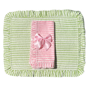 Quilted Ruffle Placemats in Green Stripe, Set of 4