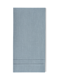 A sky blue linen hand towel with a hemstitch border