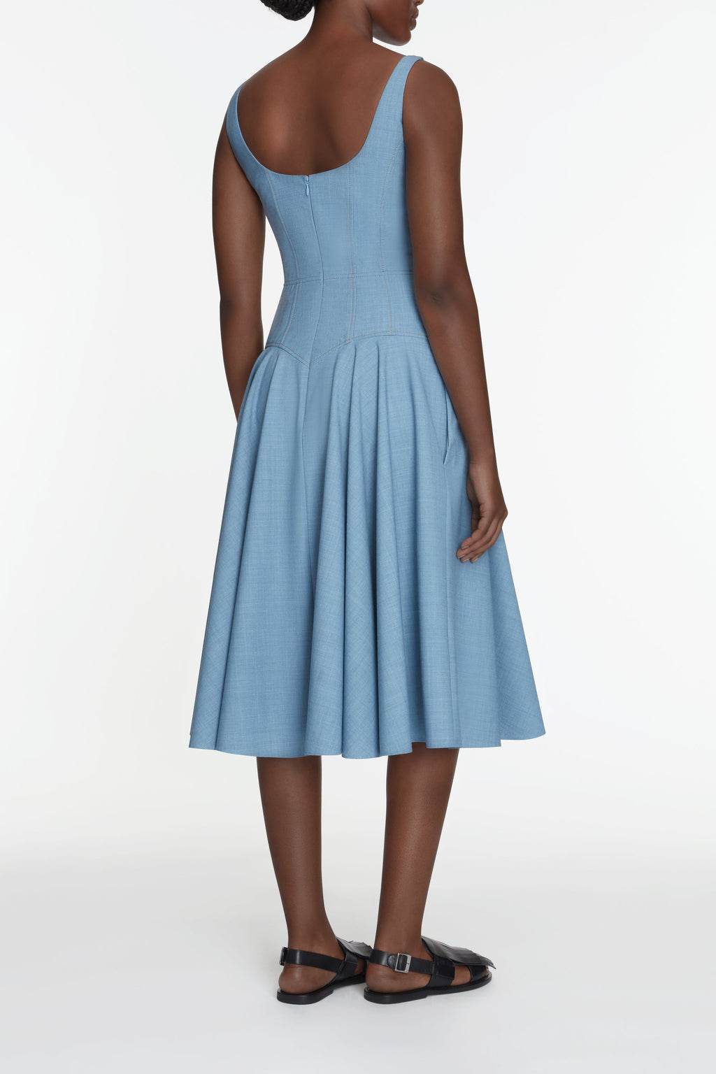 Harmoni Dress In Blue Melange Summer Wool Model Back Shot | Emilia Wickstead