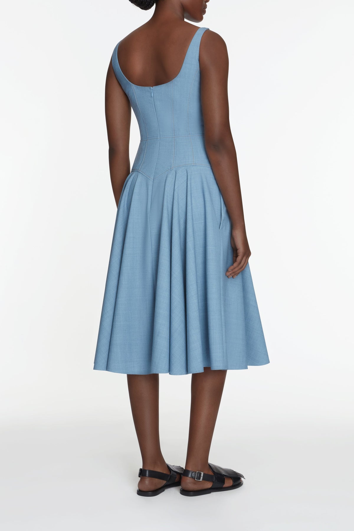 Harmoni Dress In Blue Melange Summer Wool Model Back Shot | Emilia Wickstead