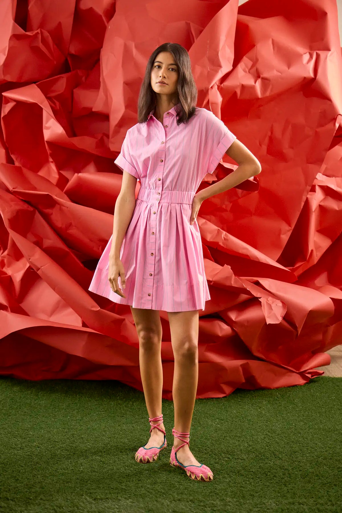 Pink and thin green striped mini dress with elastic waist and shirred skirt
