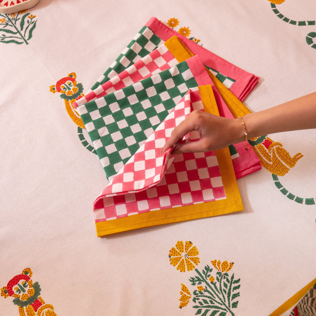 Gingham Check Green/Pink Napkins, Set of 4
