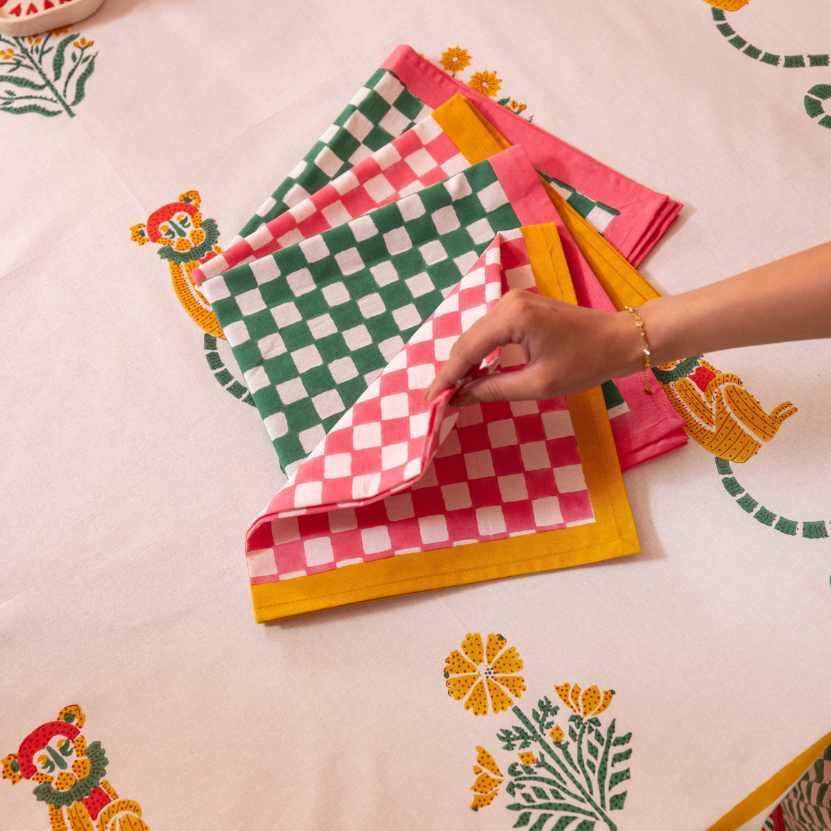 Gingham Check Green/Pink Napkins, Set of 4