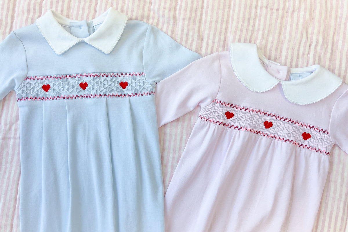 Little English baby footies with red heart smocking