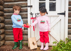 Little English traditional childen's clothing, light blue intarsia sweater with holiday lab print on chest, for little boy