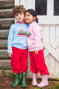 Little English traditional clothing, light pink Intarsia Sweter with holiday lab print on chest, for little girl 