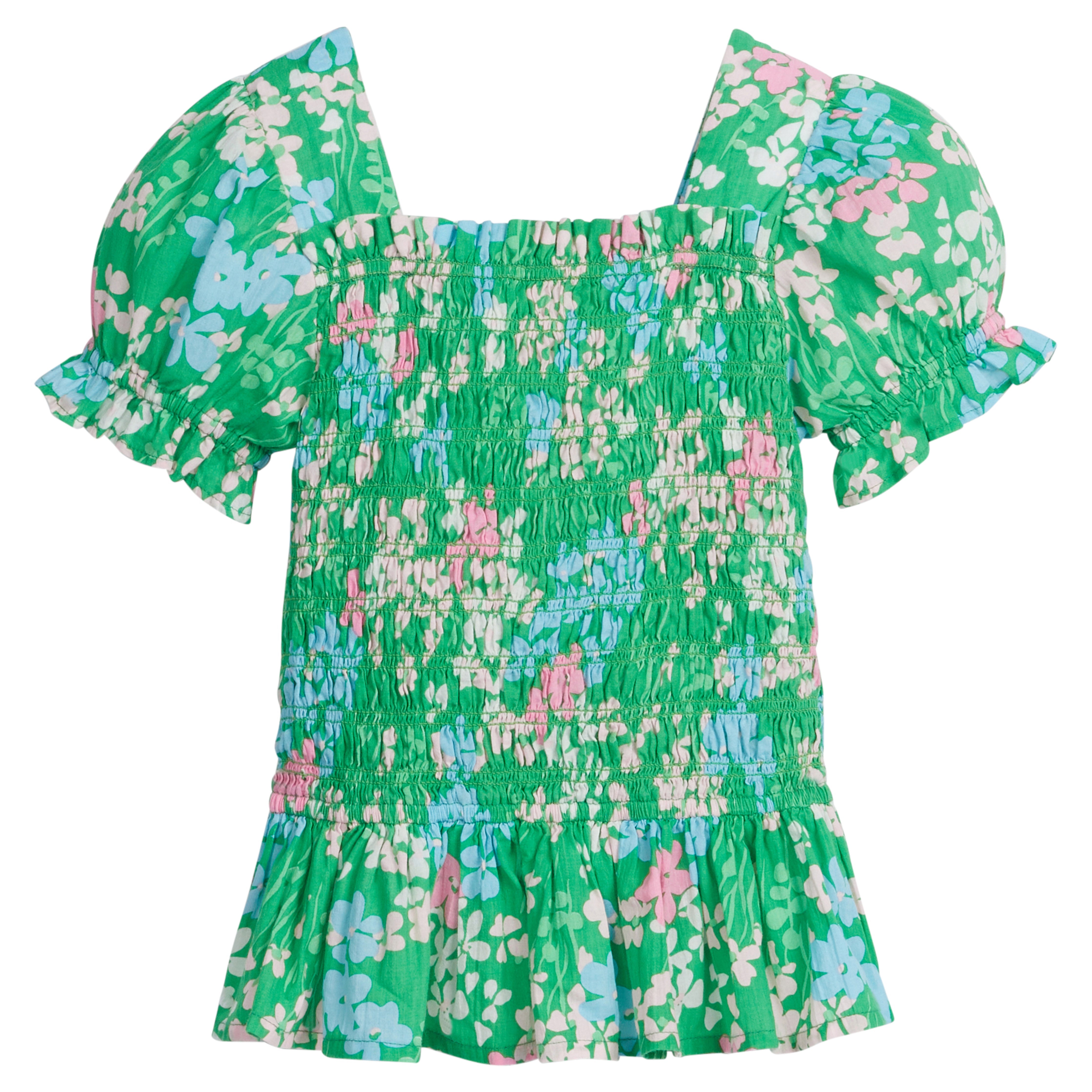 Little English traditional children's clothing.  Green, pink and blue floral print blouse for girl's for spring.  