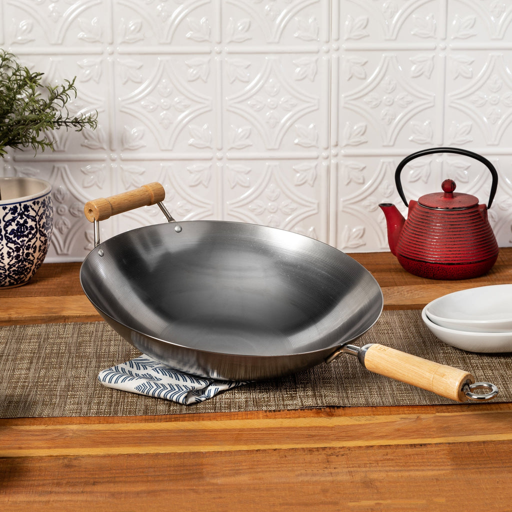 Classic Series Round Bottom Carbon Steel Wok with Birch Handles in Silver