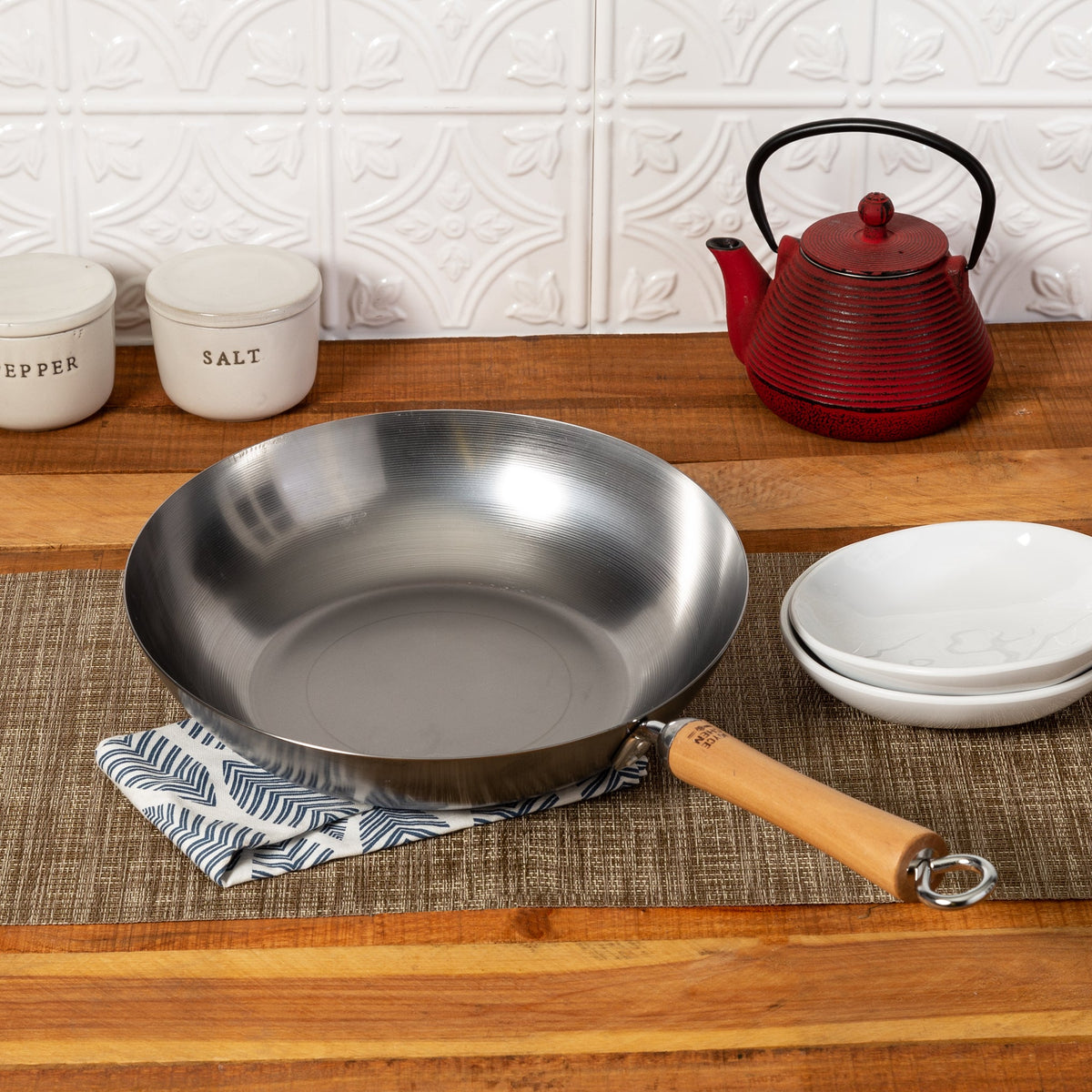 Classic Series Uncoated Carbon Steel Stir Fry Pan with Birch Handle in Silver