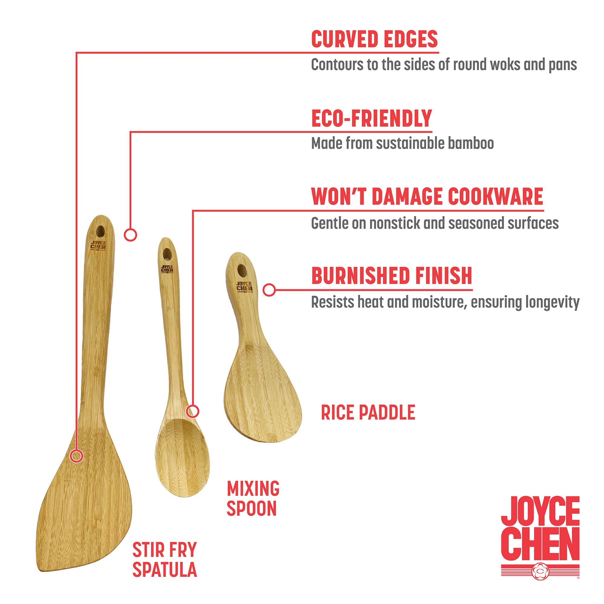 Burnished Bamboo Wok Utensils Stir Fry Set in Natural, Set of 3