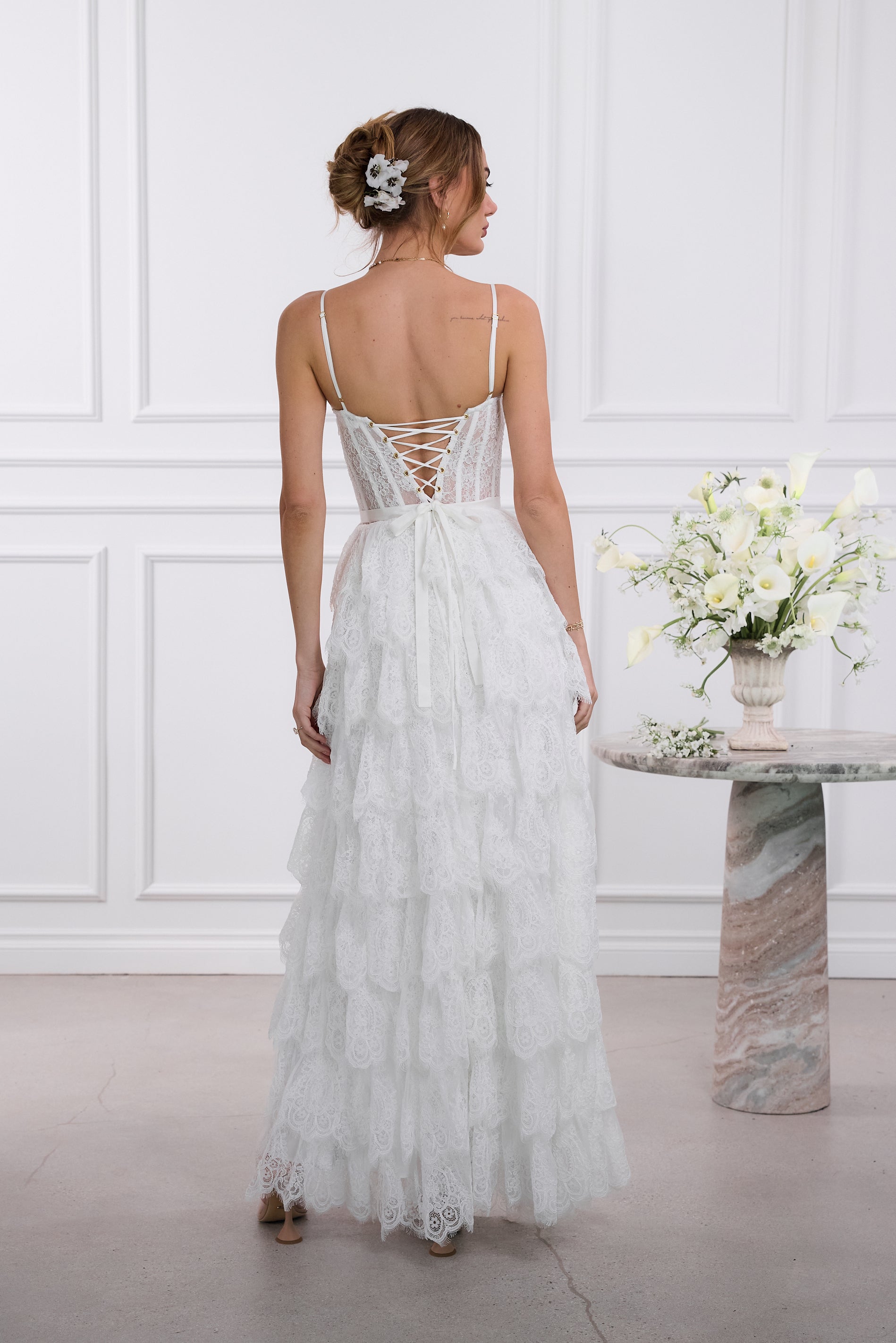 The Juniper Dress in White Chantilly Lace